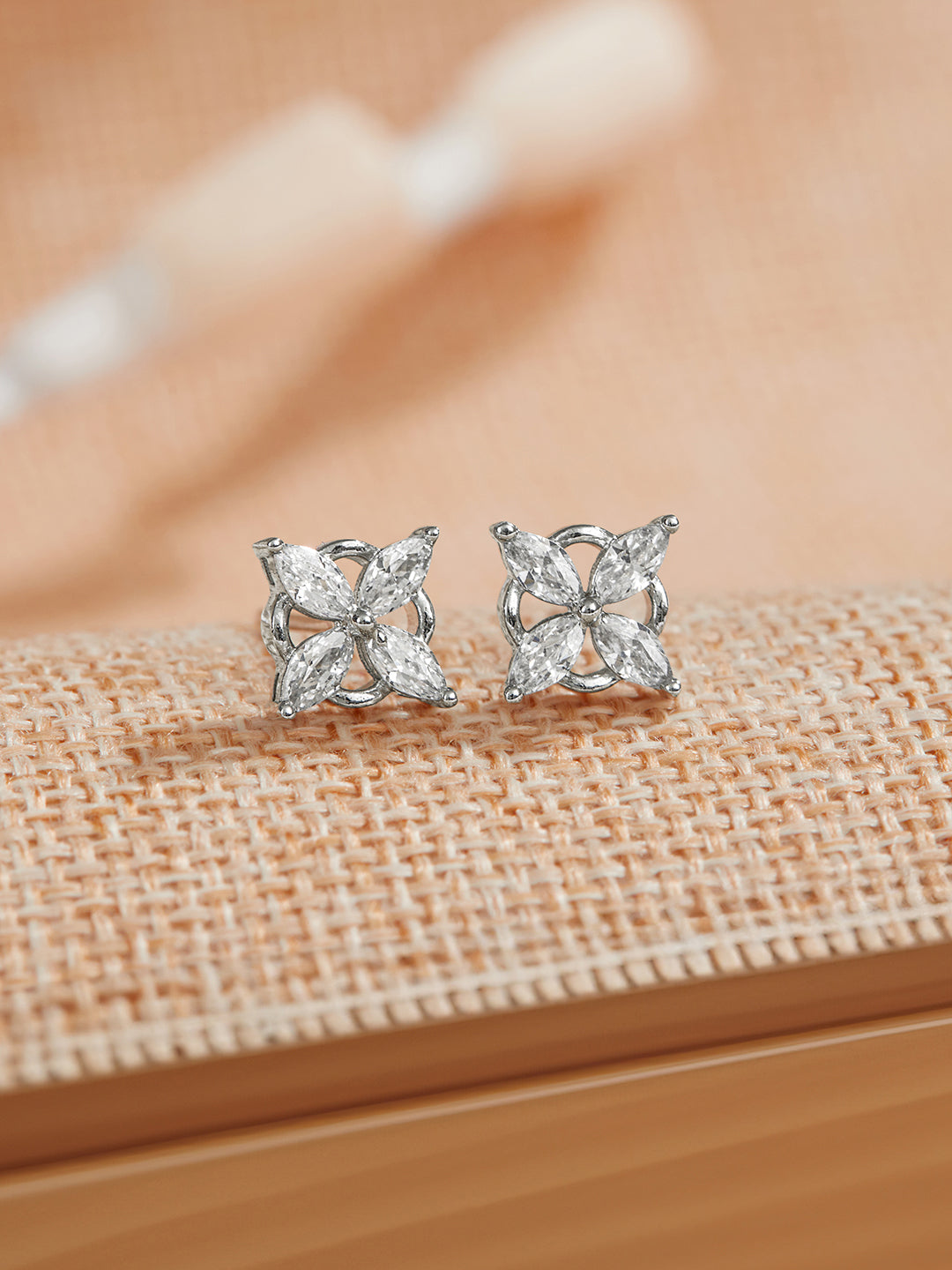 925 Sterling Silver Rhodium Plated CZ Studded Minimal Flower Studds Earrings